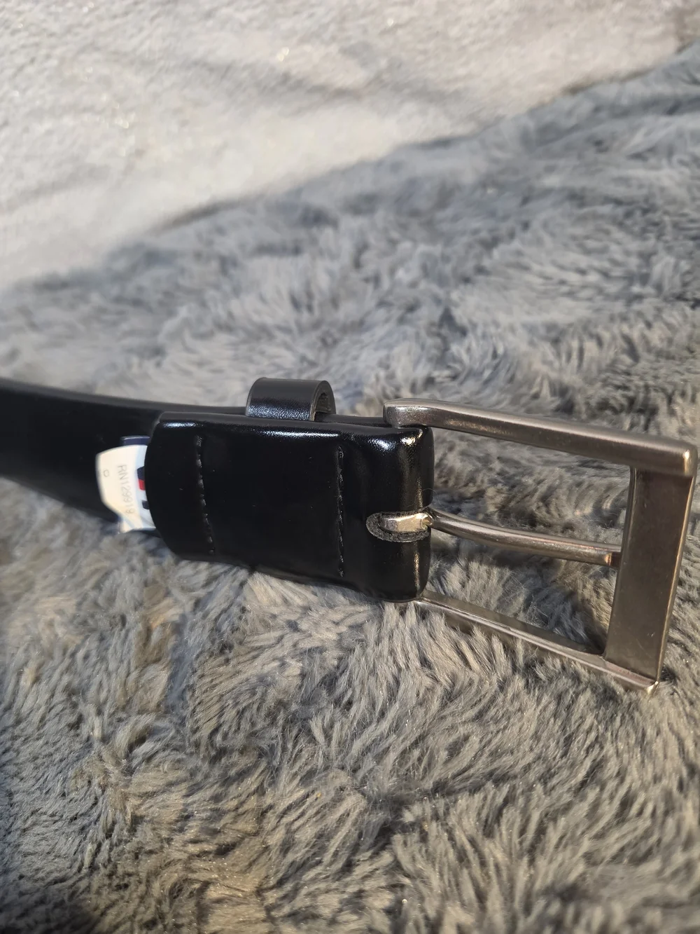 Tommy Hilfiger Black Leather Belt with Silver Buckle and Red/White/Blue Logo